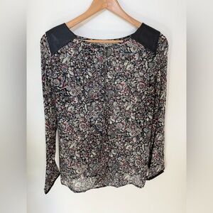 Club Monaco 100% silk Floral Blouse with Black Leather Details